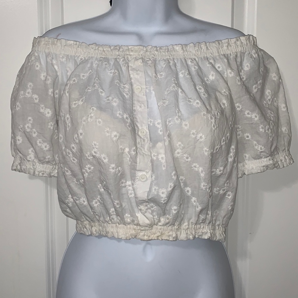 White floral off the shoulder crop top